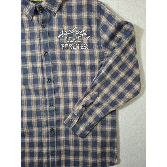 A*sholes Live Forever Flannel Shirt Men XXL Blue Plaid Smoking Skull Embrodiey - Picture 3 of 8